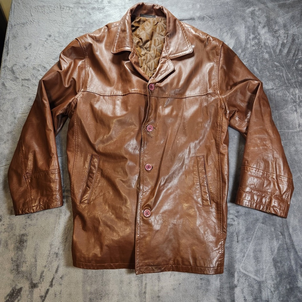 Loutie Jacket Mens 2XL Brown Leather Car Coat Made In Italy Retro Grunge 70s VTG